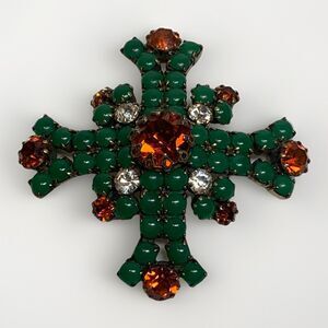 Jade Glass Maltese Cross Brooch Orange Rhinestones Vintage Pin Domed Costume